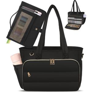 Puffer Tote Bag for Women, Large Quilted Handbag with Laptop Compartments, Work, College, Church & Bible Bag (Black)