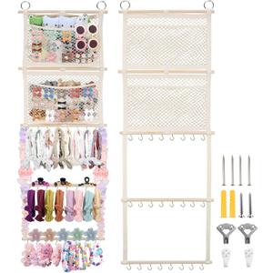 Headband Holder, 17x50in Hair Bow Holder W/ 2 Mesh Pockets & 24 Metal Hooks, Baby Bow Organizer for Girls, Wall Hanging Hair Accessories Organizer Storage Hanger for Toddler Room Nursery Decor(Beige)