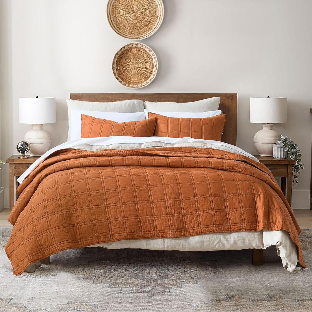 HORIMOTE HOME 100% Cotton Quilt King Size Burnt Orange Bedspread, Pre-Washed 3-Piece Cozy Lightweight Decorative Bedding Cover Coverlet Set with 2 Shams in Geometric Pattern for All Season
