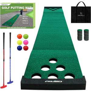 Crestgolf Mat Game Set Green Mat, Putting with 2 Adjustable Putters, 6 Golf Balls,12 Golf Hole Covers for Indoor&Outdoor Short Game Office Party Backyard Use