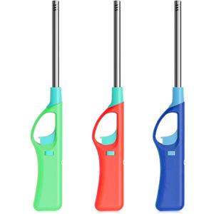 3Pcs Refillable Butane Lighters, Larger BBQ Grill Click Flame Long Stem Lighter Adjustable Soft Flame Multipurpose Lighters(No Butane Fuel Inside)(Enchanced Version)
