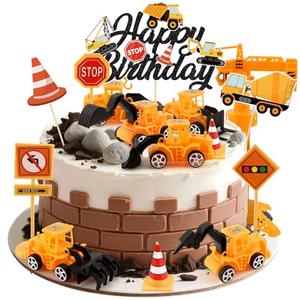 21PCS Construction Cake Toppers Truck Cake Decoration Set Excavator Tractor Tower Crane Cupcake Topper Traffic and Road Sign for Construction Happy Birthday Party Supplies