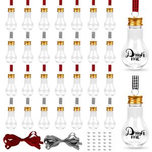 32 Pack Christmas Booze Balls, Fillable Christmas Tree Hanging Ornaments Clear Plastic Water Bottle Bulbs Pendant Ball with Plaid Ribbon and Stickers for Xmas Home Party Decor (Bulb)