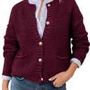 Saodimallsu Women's Chunky Knit Cardigan Button Down Crewneck Long Sleeve Cropped Sweater with Pockets (S)