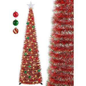 SINTENILL 5 FT Pop Up Christmas Tree with Timer Lights and Decorations, Red Tinsel Artificial Christmas Tree with 24 Balls Ornaments, Collapsible Pencil Tree for Xmas Home Office Party Decor (Red - Green Edges)