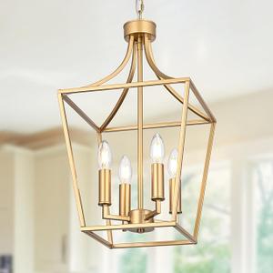 WINSHEN 4-Light Gold Lantern Chandelier Adjustable Height, Kitchen Island Lighting Hanging Ceiling Pendant for Over Table Dining Room Foyer, E12 Bulb Base