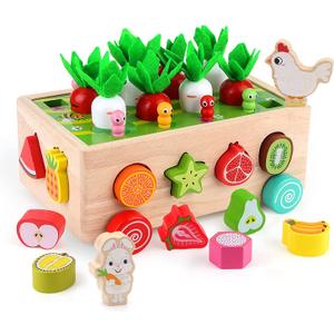 SKYFIELD Montessori Wooden Garden Toy for Baby Boys Girls 1 2 3 Years Old, Fine Motor Skills Developmental Gift Toy Color Shape Fruit Sorting Orchard Cart Farm Game for Toddler 1-3