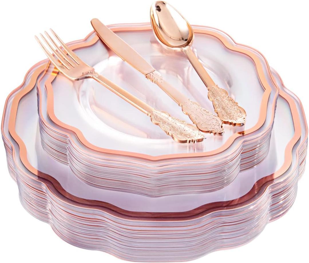 NOCCUR 150PCS Rose Gold Plastic Plates&Rose Gold Silverware-Include 30Dinner Plates, 30Salad plates, 90 Disposable Rose Gold Utensils- Ideal for Weddings/Party/Mother's Day