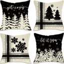 Fahrendom Winter Snowflake Decorative Throw Pillow Covers 18x18 Set of 4, Let It Snow Christmas Pine Tree Black Outdoor Pillowcase, Get Cozy Seasonal Holiday Farmhouse Cushion Case Home Decor