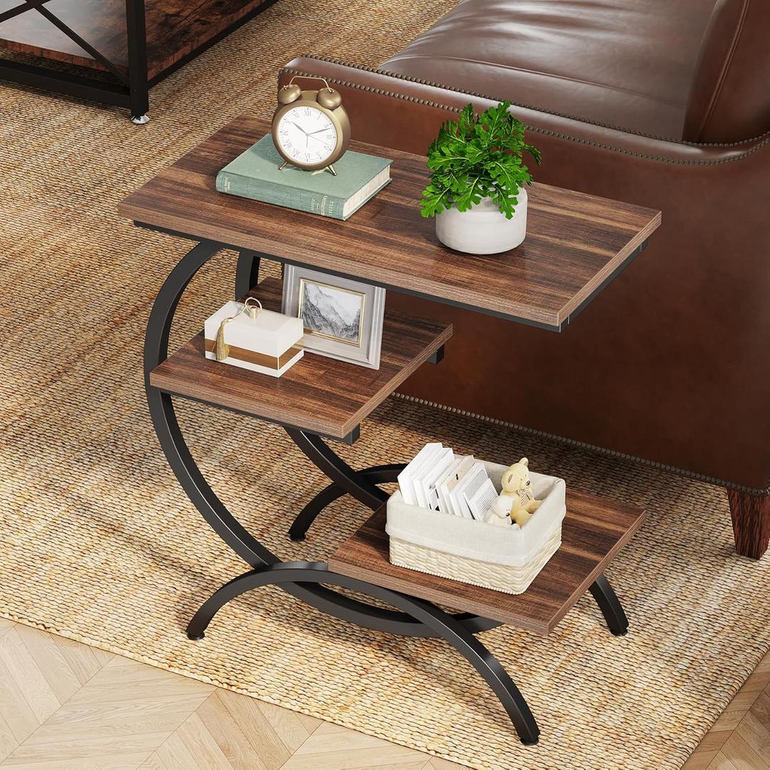Tribesigns C-Shaped End Table, Industrial 3-Tier Small Side Table for Couch, Wood Bedside Table Snack Side Table with Storage Shelves for Living Room Small Space, Rustic Brown