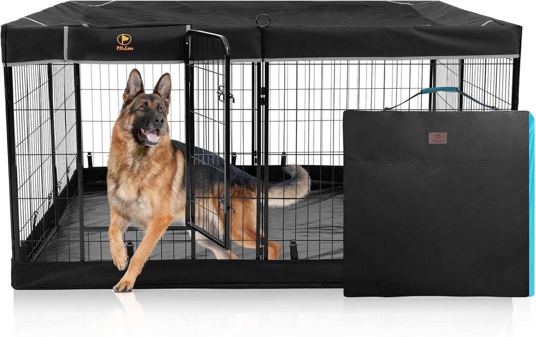 PJYuCien Dog Playpen Plus Storage Bag, 31.3" H 8 Panels Puppy Pen with Square Bottom & Top Cover, Heavy Duty Dog Fence for Camping (60.62"L x 60.62"W x 31.3"H)