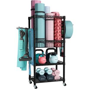 FUTASSI Home Gym Storage, 3 Tiers Workout Equipment Organizer with Wheels for Yoga Mats, Foam Roller, Dumbbells, Kettlebells, and Resistance Bands (Single-Row, Black)