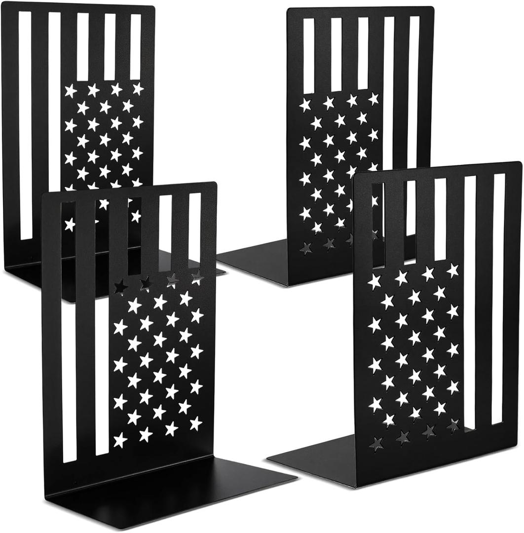 AceOrbit 4 Pack Large Metal Bookends for Shelves Heavy Books 6.7 Inch Decorative Heavy Duty Bookend Black Patriotic American Flag Stopper Dividers Organizer for Memorial Day Office Bookshelf Home Desk