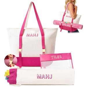 Mykng Nzw Empty Mahjong Tile Bags Set for American Tiles and Racks,Canvas Tote Bag with Mat Holder Accessories Organizer,Portable Mahjong Case Drawstring Protective Sleeve for Rack Pushers,Rose Red