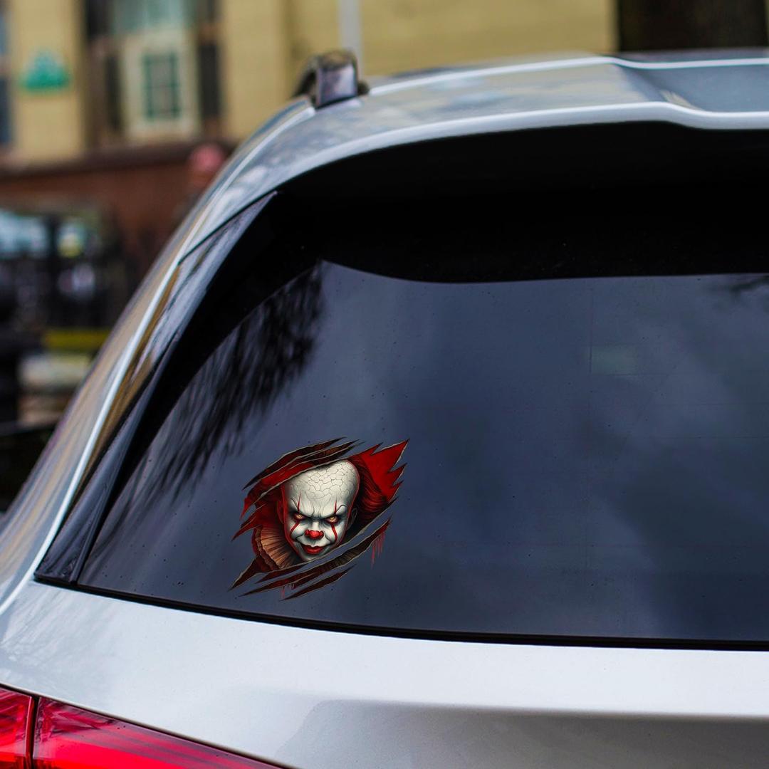 2 x Scary Face Horror Decal  7x7in Waterproof Vinyl Sticker for Car Window, Laptop, Fridge, RV, Truck, Trailer  Removable & Weatherproof Creepy Clown Face  Halloween Scare Decoration