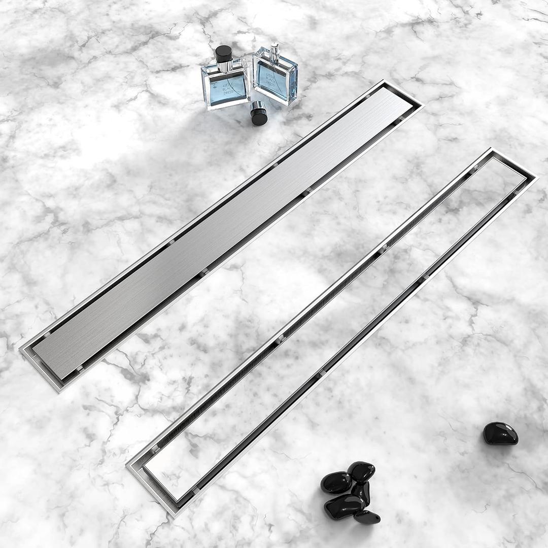 Shower Drain, 2 in 1 Linear Shower Drain 24 Inch(Brushed Nickel), 304 Stainless Steel Shower Floor Drain with Tile Insert Grate, Adjustable Feet, Hair Filter