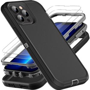 YKHJKLEC for iPhone 13 Pro Max Case, Military Grade 3 in 1 Heavy Duty Shockproof/Drop Proof/Dust Proof Case with 2Pcs Tempered Glass Screen Protector (Black/Grey)