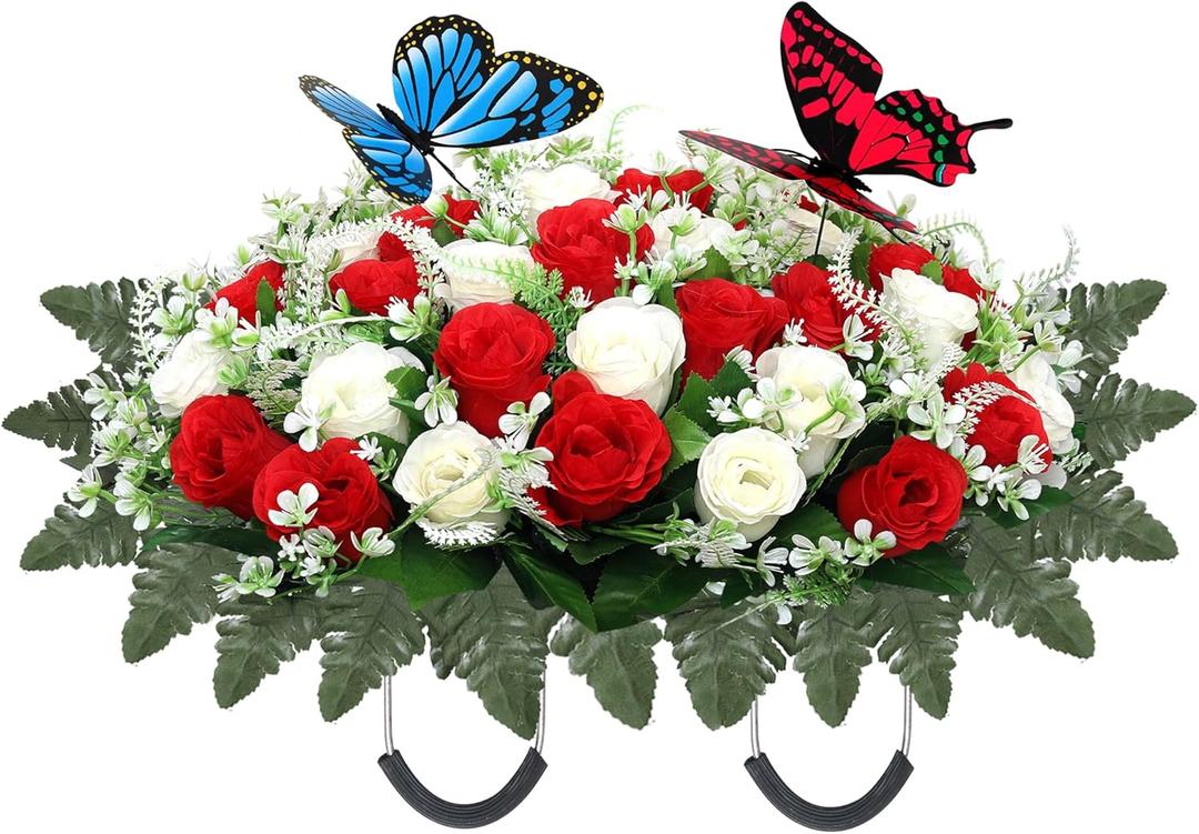 Lodou Artificial Cemetery Flowers for Grave,Large Headstone Flower Saddle Realistic Grave Flowers Memorial Silk Rose Flowers with Butterflies for Headstone Grave Decoration Non-Fading Easy Fit (Red)