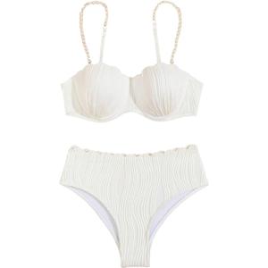 MakeMeChic Women's 2 Piece Bikini Set Textured Pearl Beaded Strap Scallop Trim High Waist Swimsuit (White, L)