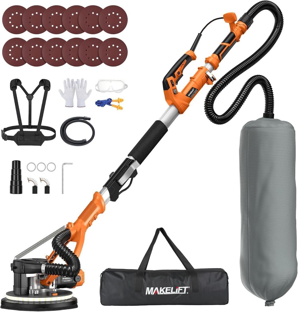 Drywall Sander with Vacuum Dust Collector, 1050W 7.33A Popcorn Ceiling Removal Tool, LED Light, 5 Variable Speed 1000-2100RPM, Foldable & Extendable Handle, 12 Sanding Discs (Orange-black)