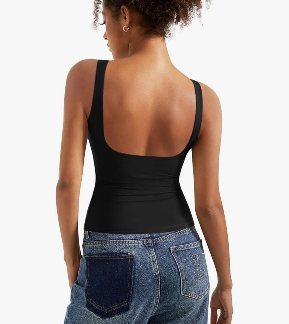 SUUKSESS Women Padded Open Back Boat Neck Tank Tops Double Lined Basic Shirts Size M