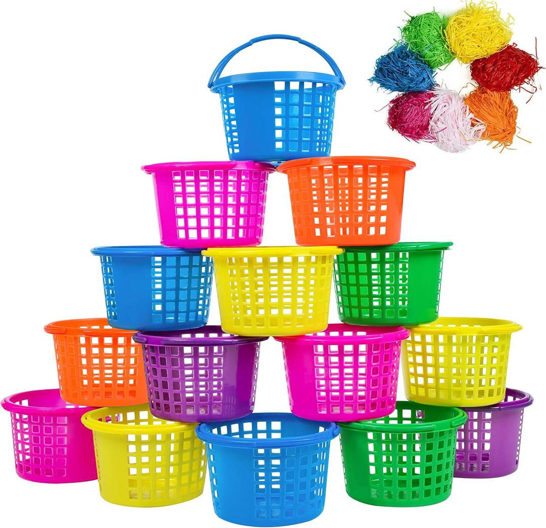 18PCS Easter Small Plastic Baskets with Handles Bulk, 70g Faux Grass Confetti Strips Accessories Filler Stuffers for Spring Decorations Party Supplies Favors