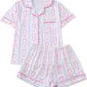 WDIRARA Women's 2 Piece Bow Cherry Print Pajama Set Short Sleeve Button Down Shorts Sleepwear Pjs (Pink, XL)