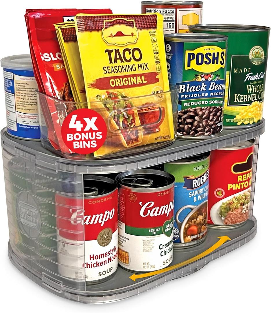 Mighty Susan Kitchen Organizer for Canned Goods: 2-Tiered Robust Turntable Organizer for Cabinet/Pantry. Steel Reinforced Holds Up To 30 lbs. Rotates 360 for Maximum Visibility. Includes 4 Bonus Bins
