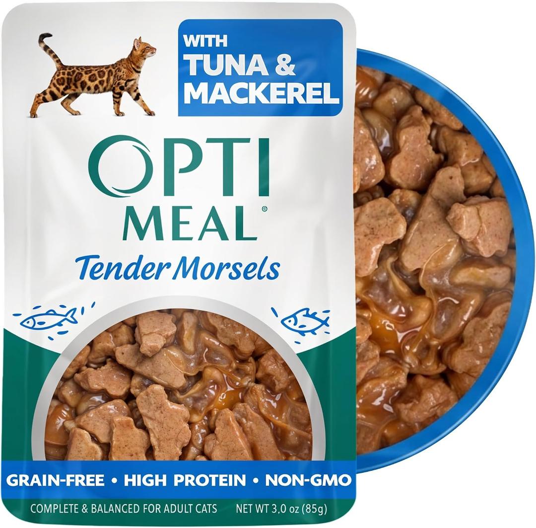 Optimeal Wet Cat Food Grain Free - Tuna & Mackerel Tender Morsels, High Protein Premium Nutrition Made with Natural European Ingredients, Adult Cat Pouches 3oz (Pack of 12)
