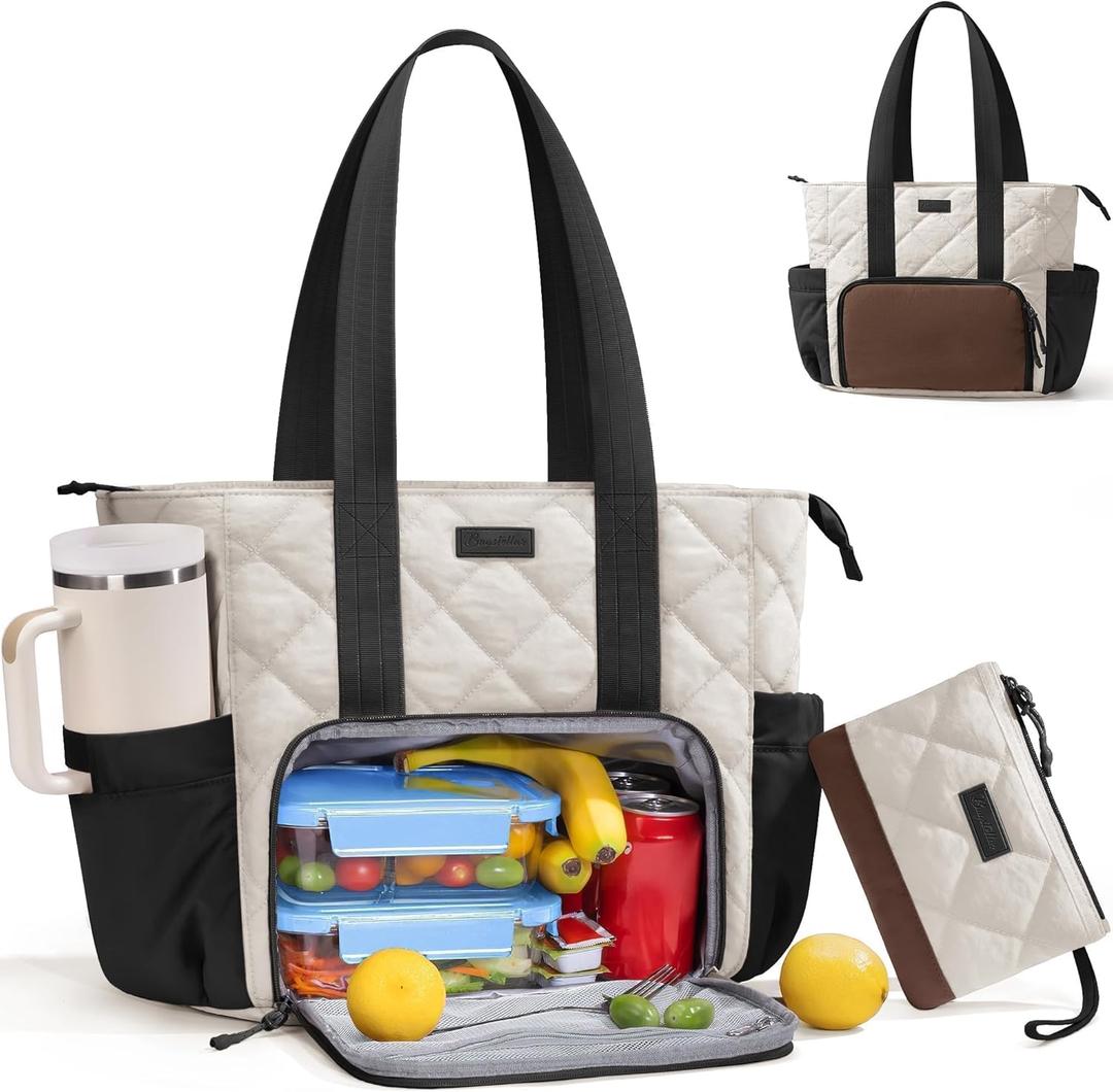 Puffer Lunch Tote Bag for Women, 15.6 Inch Laptop Work Bag with Insulated Lunch Compartment & Large Cup Holder, Lightweight Quilted Puffy Lunch Box Purse for Teacher Nurse Travel Office Daily School (Cream-Brown-Black)
