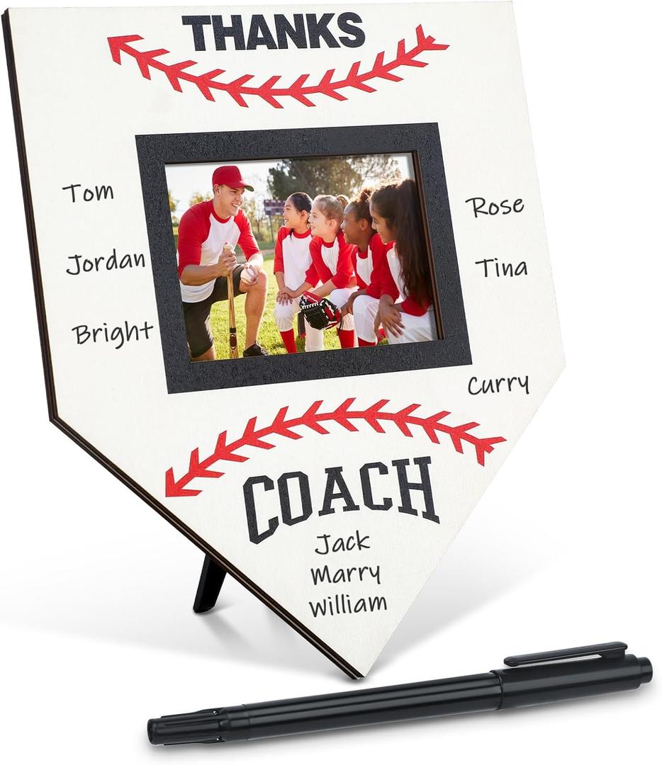 1 Pc Baseball Sofball Coach Signable Picture Frame Thanks Coach Gift Baseball Sofball Gift Photo Frame from Team Coaches Appreciation Home Plate Plaque (White)