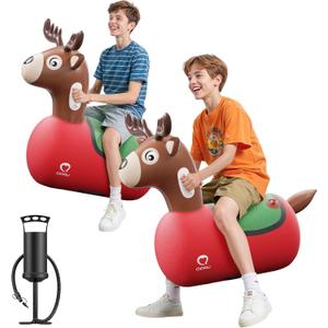 QPAU Inflatable Reindeer Hopper Bouncy Toy 2PCS with Fabric Cover & Pump, Ride On Toys for Kids 5+ & Adults, Christmas Reindeer Inflatable Animal Bouncer, Outdoor Play