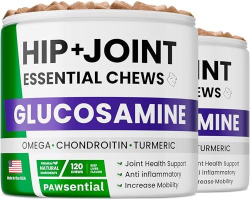Pawsential Glucosamine for Dogs - Joints Health Treats w/Omega Fish Oil - Natural Joint Pain Relief - Canine Hip and Joint Supplement w/Chondroitin + MSM + Turmeric + Calcium - 240 Beef Chews