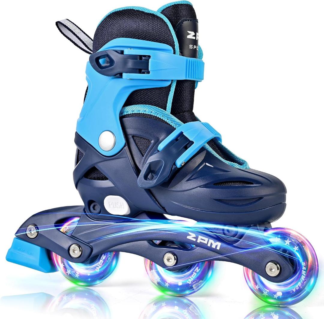 2PM SPORTS Inline Skates for Kids Boys Ages 4-8 8-12 4-7 7-12 10-14 with Light Up Wheels, Adjustable Kids Roller Skates Blades for Beginners Youths Black & Blue, Small - Little Kid ((9C-12C US)