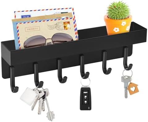VIS'V Key Holder Wall Mount, Compact Adhesive Key Rack with Tray, 6 Hooks, 2 Mount Options, Black