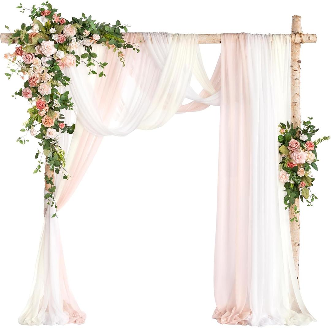 Ling's Moment Wedding Arch Flowers with Sheer Drapes Kit - Artificial Spring Pink Rose Floral Arrangements for Garden Ceremony Backdrop, Arbor Decor, 5-Piece Set (2 Flower Stems + 3 Hanging Drapes)
