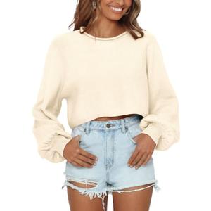 Imily Bela Cropped Sweaters for Women Lantern Long Sleeve Crop Top Slouchy Trendy Loose Crewneck Pullover Sweater (L, Off-white)