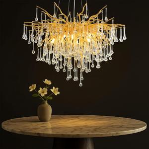 31.5 Inch Modern Crystal Chandeliers,10-Light Gold Tree Branch Chandelier Hanging Light Fixtures,Raindrop Chandeliers for Dining Room,Living Room