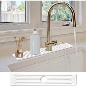 Stone Faucet Mat for Kitchen Sink- 15.6''x 3.9''Diatomite Fast-Drying Faucet Mat, Super Water Absorbing Stone Tray for Sink,Faucet Splash Guard for Bathroom Counter (White)