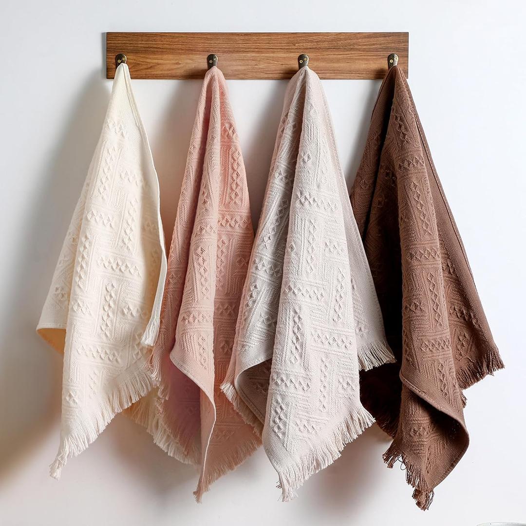 HunnmingRe 4 Pack Boho Hand Towel for Bathroom Kitchen 14x30 Inch 100% Turkish Cotton Spring Boho Decorative Towel Waffle Farmhouse Bathroom Decor Absorbent Soft Guest Gift (Beige, Gray, Curry, Pink)