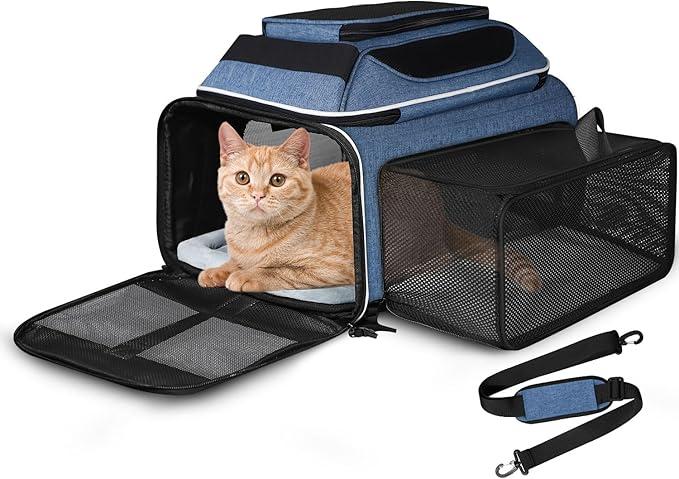 Petskd Top and Side Expandable Pet Carrier 18x11x11 Inches Delta United Airline Approved, SoftSided Carrier for Small Cats and Dogs with Locking Safety Zippers and AntiScratch Mesh(Blue)