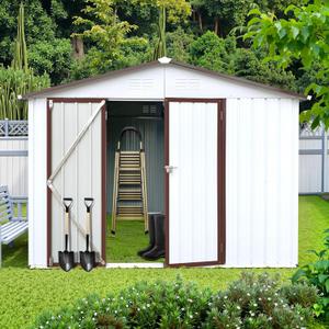 Lyngins 8x6 FT Outdoor Storage Shed, Metal Tool Shed with Lockable Doors & Peaked Roof, Garden Shed with Vented Design for Backyard Garden Patio Lawn, White+Coffee