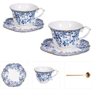 Vintage Floral Porcelain Tea Cup and Saucer Set with Spoon, Gold Trim, 6.4 oz Set of 2, Blue Tea & Espresso & Coffee Cups (2, China Flower)