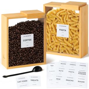 HouseCorePro 2 Pack Bamboo Food Storage Containers  Large 2.75L Food Dispenser with Measuring Spoon, 18 Labels, 6 Freshness Stickers, Wood Pantry Organizers and Storage for Dry Goods, 9.50x7.25x4in.