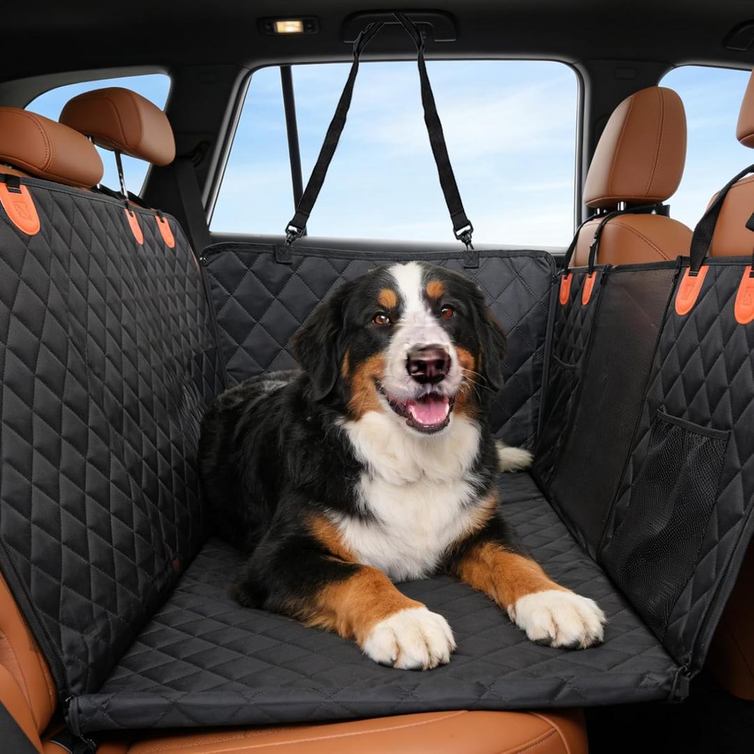 Egles Dog Car Seat Cover for Back Seat with Hard Bottom, Back Seat Extender for Large Dogs up to 220 lbs, Waterproof Non-Slip Dog Hammock with Mesh Window for Cars, SUVs and Trucks
