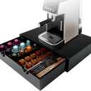 Coffee Pod 15" X 11" X 3" Natural Wood Countertop Organizer Drawer, Counter Top Espresso Tea Bag Station Storage Holder Box, Black