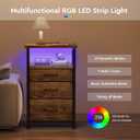 Nightstand with Charging Station, LED Night Stand with Drawers (Fabric), Bedside Table with Open Shelf, End Table with Steel Frame, 3 Drawer Dresser for Bedroom, Small Space, Rustic Brown