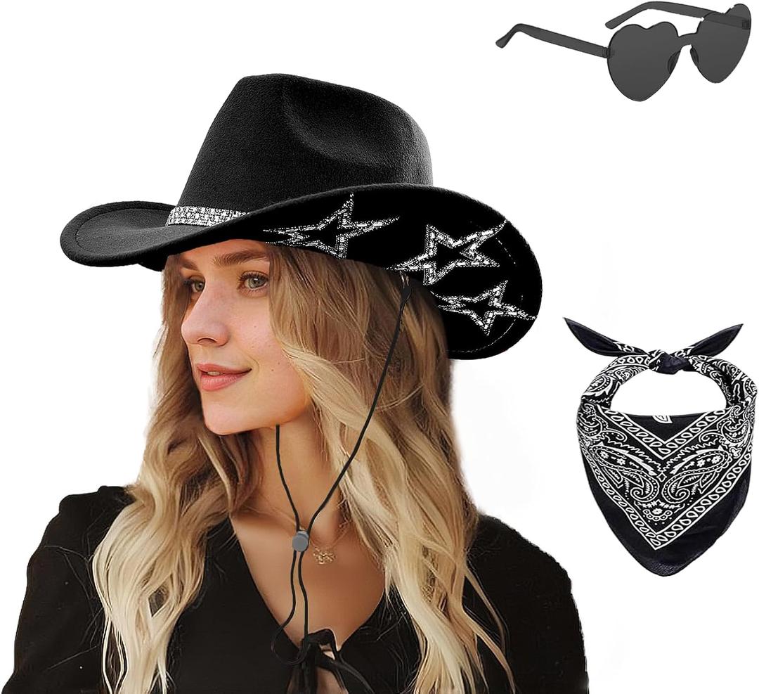 SHENYI Cowgirl Hat and Bandana and Heart Sunglasses Glitter Rhinestone Star Cowboy Hat Western Sparkly Hats for Women Men (One Size-Medium, Black)