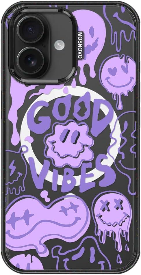 MOSNOVO Magnetic Case for iPhone 16, 10ft Military-Grade Protection, Compatible with Magsafe, Shockproof Phone Case for iPhone 16 - Good Vibes - Clear Black