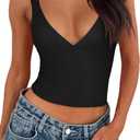 REORIA Women's Summer Sexy Deep V Neck Sleeveless Slim Fit Trendy Y2k Corset Cami Crop Tank Tops (Medium, Black)